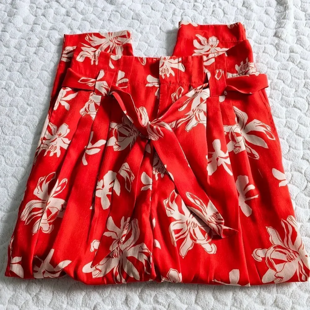 Viva Vena orange orchid pants floral pleated tie waist 2 26 - Picture 2 of 8